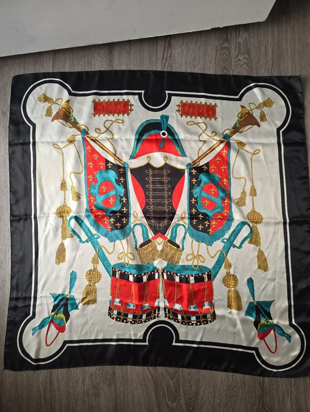 Large Scarf Napoleonic Military Drum Tassel Print Red Teal Black Gold Square 35